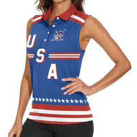 Custom Hockey 2026 USA Blue Women Sleeveless Polo Shirt United States Go Champions