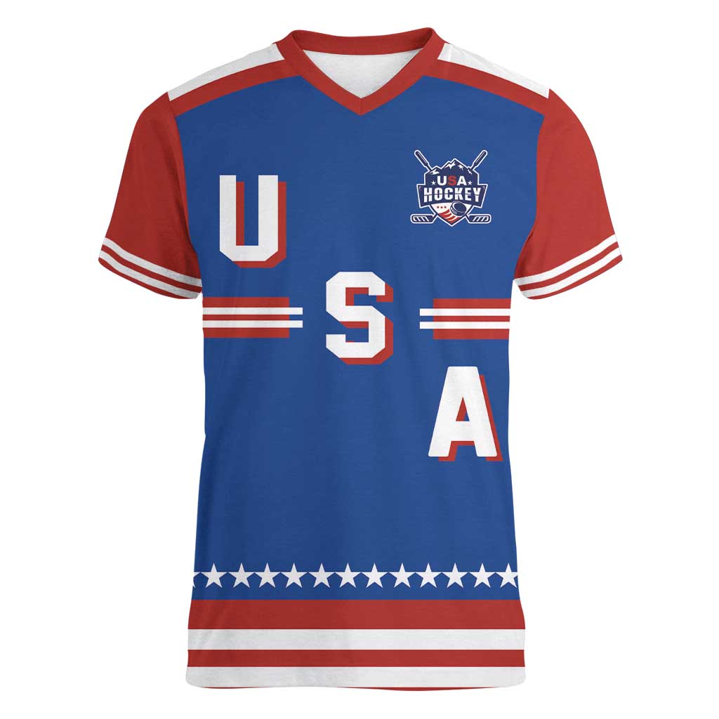 Custom Hockey 2026 USA Blue Women V-Neck T-Shirt United States Go Champions