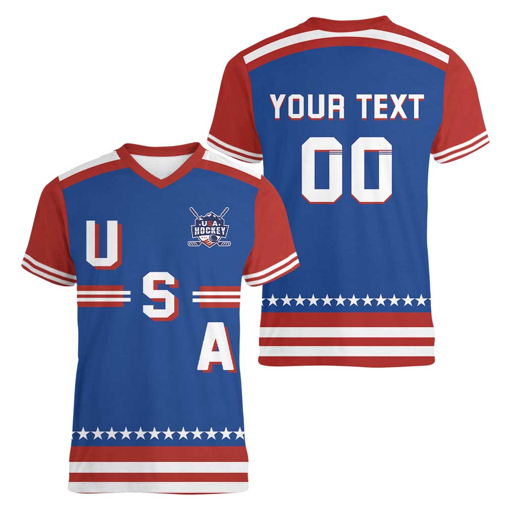 Custom Hockey 2026 USA Blue Women V-Neck T-Shirt United States Go Champions