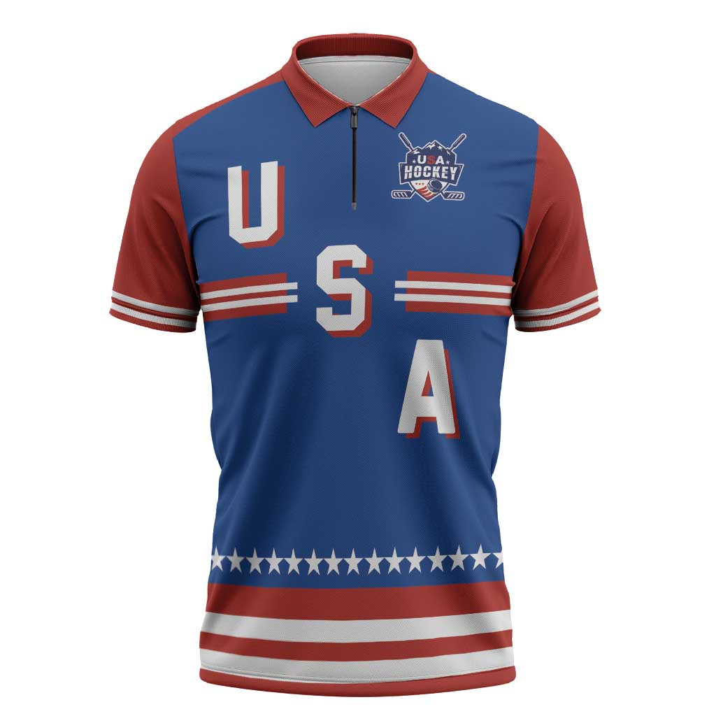 Custom Hockey 2026 USA Blue Zipper Polo Shirt United States Go Champions