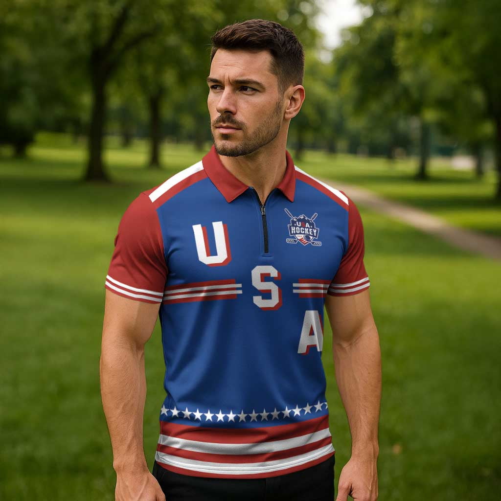 Custom Hockey 2026 USA Blue Zipper Polo Shirt United States Go Champions