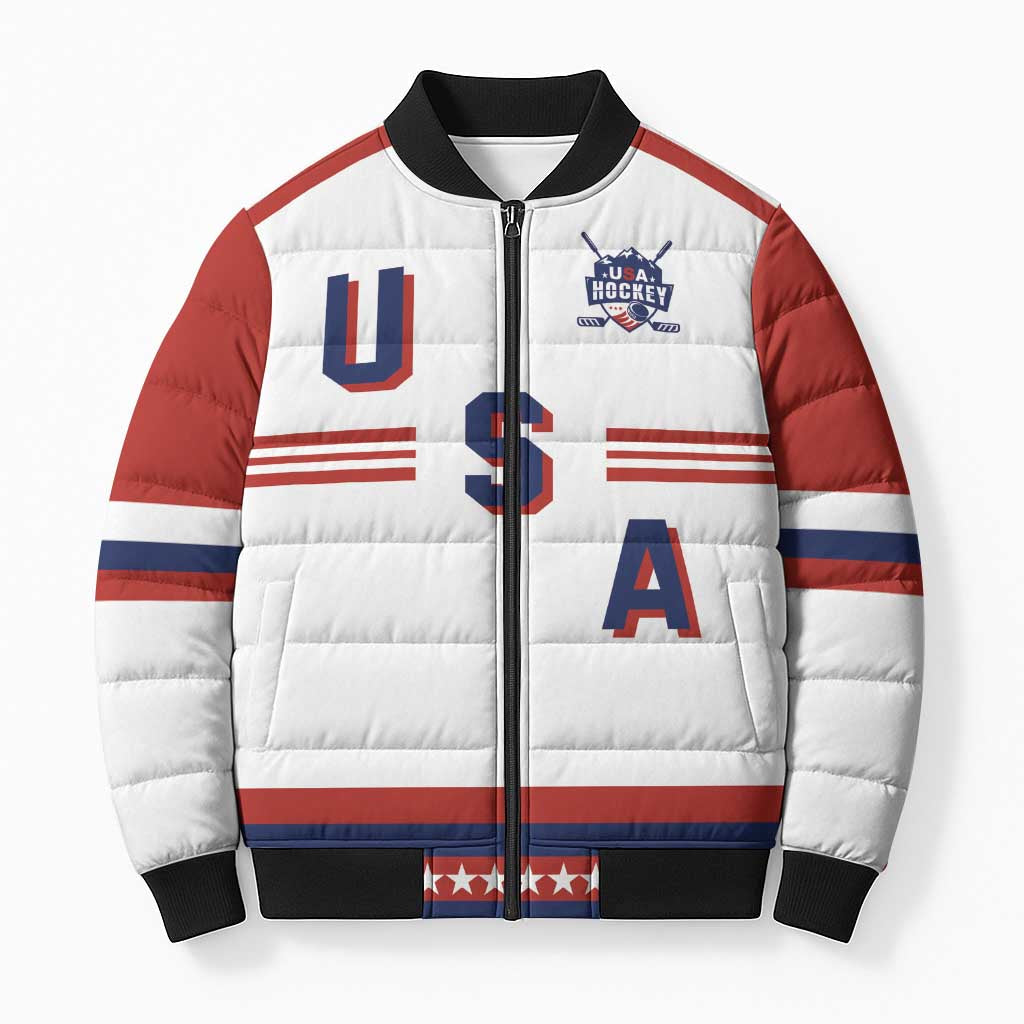 Custom Hockey 2026 USA White Bomber Puffer Jacket United States Go Champions