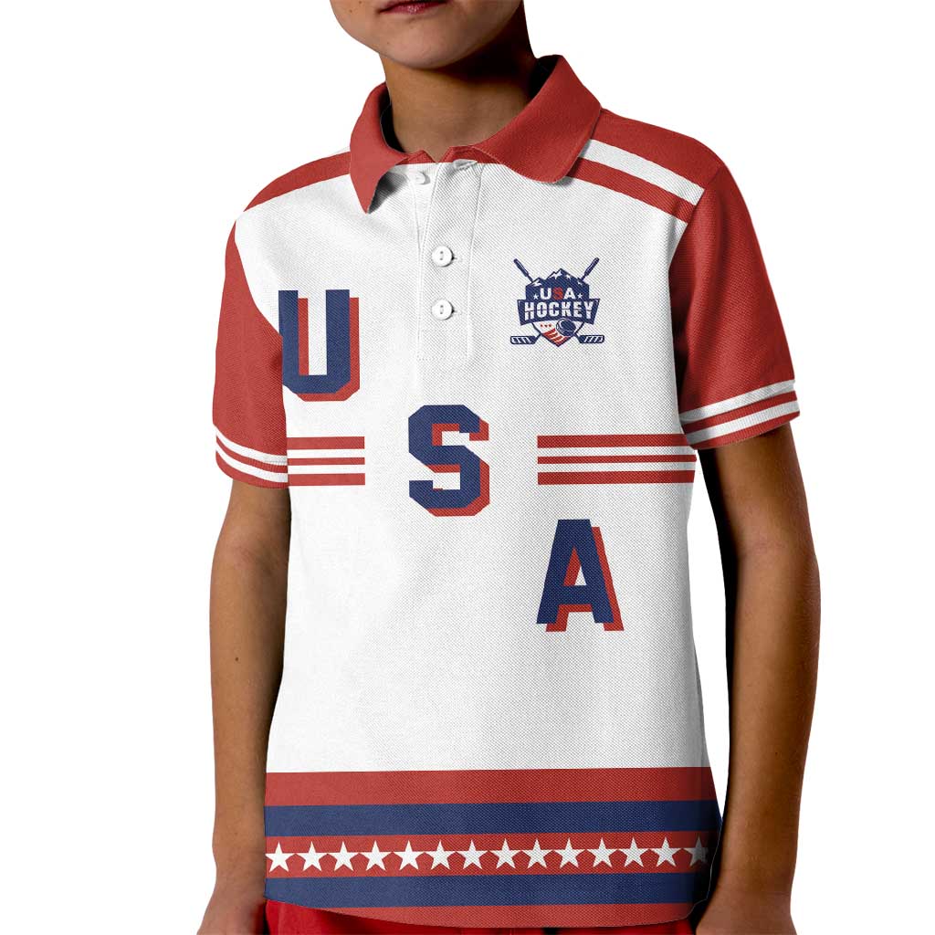 Custom Hockey 2026 USA White Kid Polo Shirt United States Go Champions