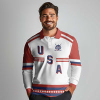 Custom Hockey 2026 USA White Long Sleeve Polo Shirt United States Go Champions