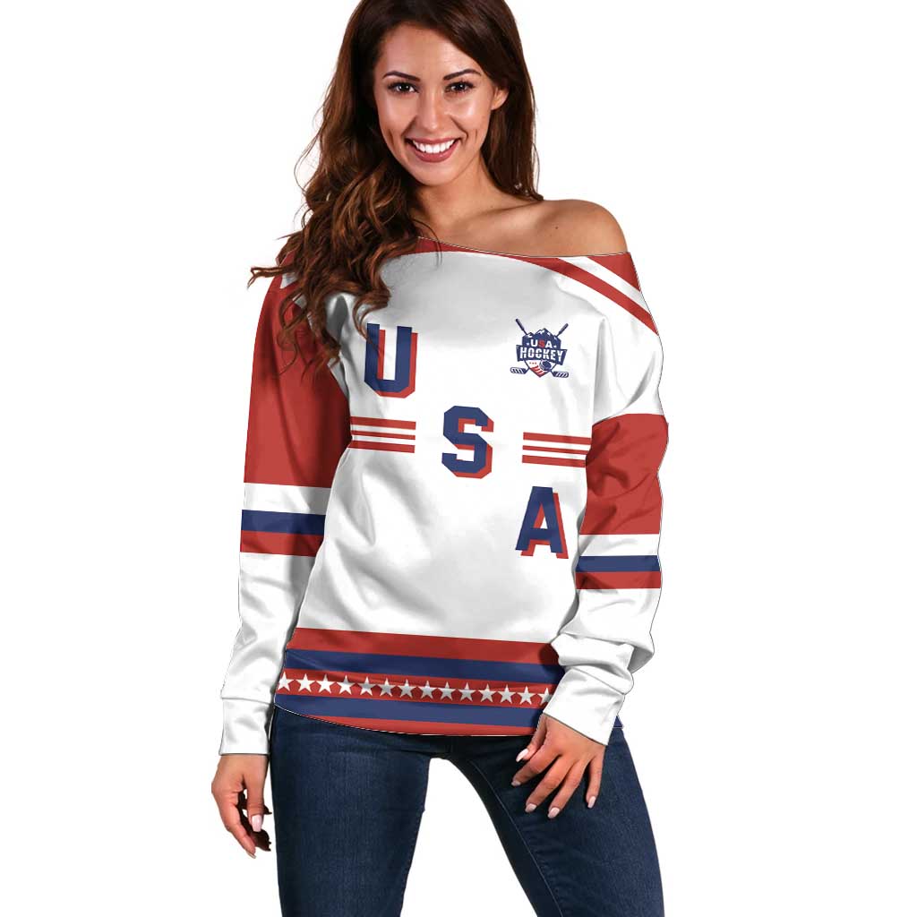 Custom Hockey 2026 USA White Off Shoulder Sweater United States Go Champions