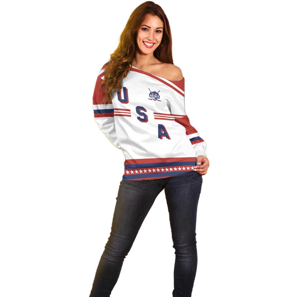 Custom Hockey 2026 USA White Off Shoulder Sweater United States Go Champions
