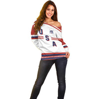 Custom Hockey 2026 USA White Off Shoulder Sweater United States Go Champions