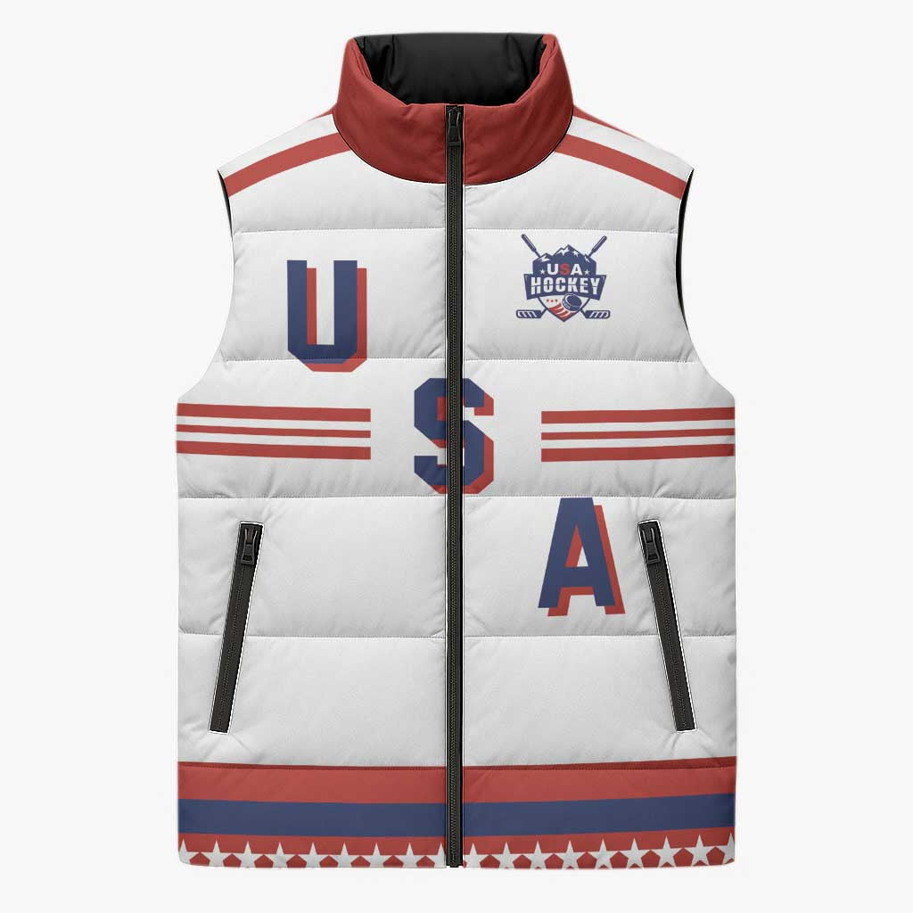 Custom Hockey 2026 USA White Sleeveless Puffer Jacket United States Go Champions