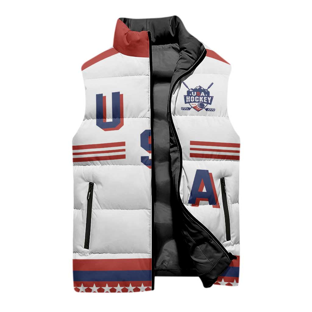 Custom Hockey 2026 USA White Sleeveless Puffer Jacket United States Go Champions