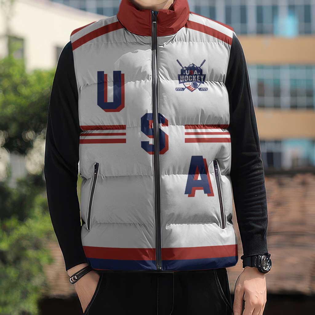 Custom Hockey 2026 USA White Sleeveless Puffer Jacket United States Go Champions