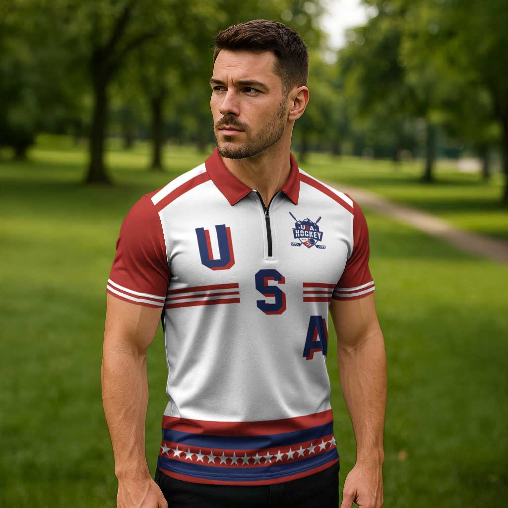 Custom Hockey 2026 USA White Zipper Polo Shirt United States Go Champions