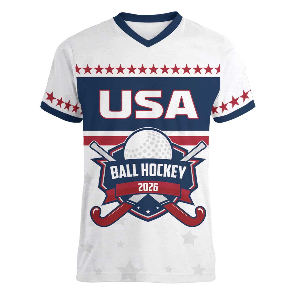 Custom Ball Hockey 2026 USA Women V-Neck T-Shirt US Team Go Champions