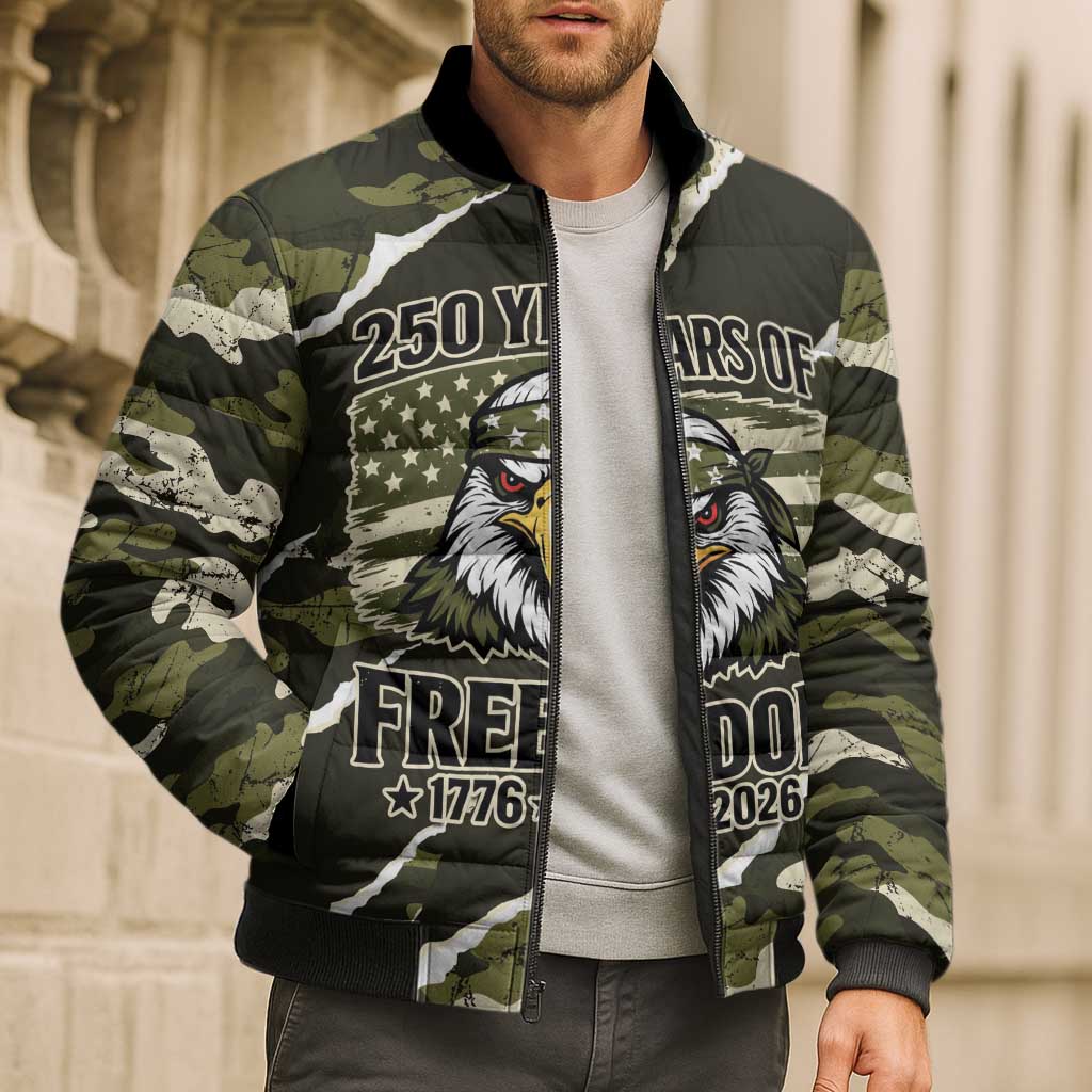 Personalized USA 250th Anniversary Bomber Puffer Jacket Eagle Camouflage Zipper Stylized