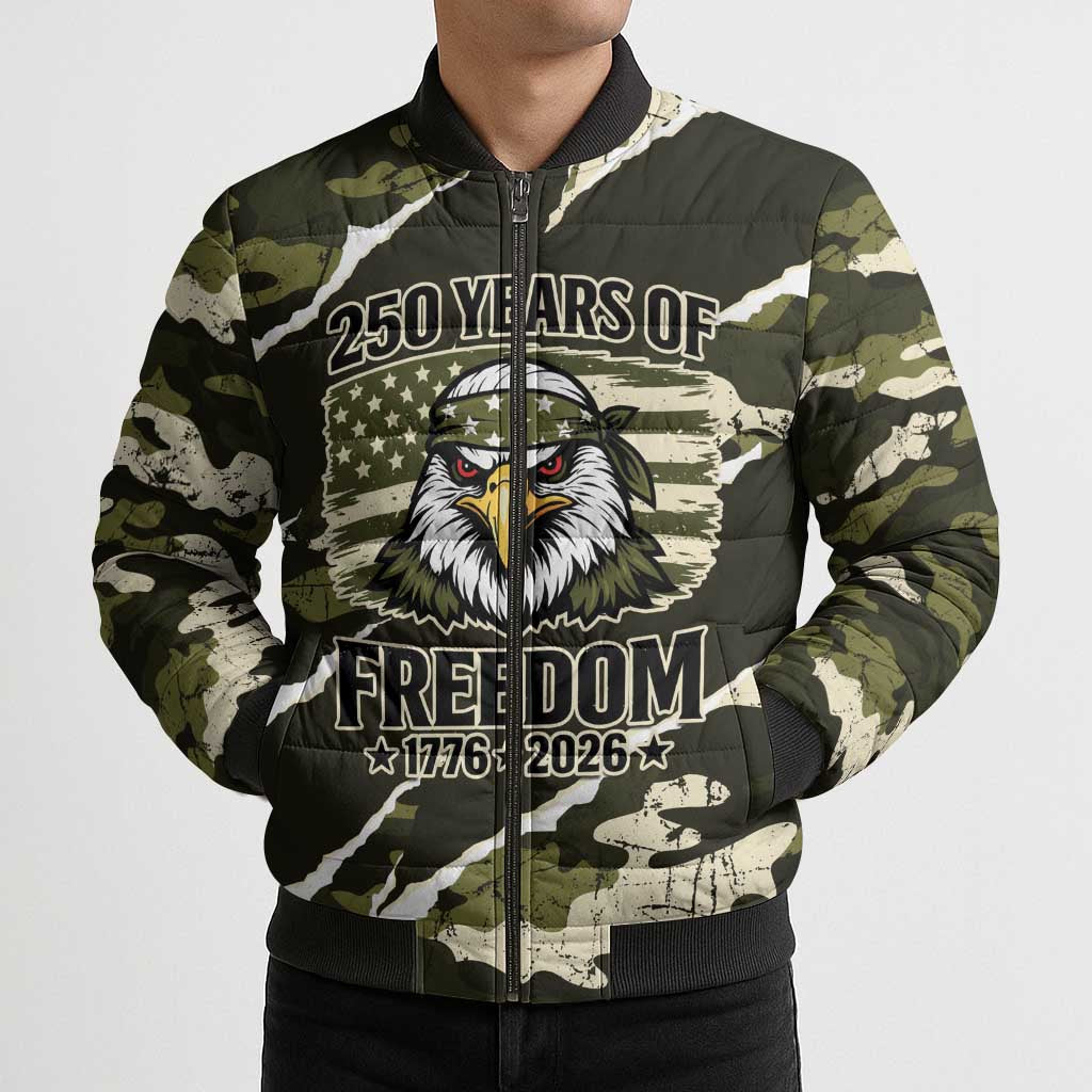 Personalized USA 250th Anniversary Bomber Puffer Jacket Eagle Camouflage Zipper Stylized
