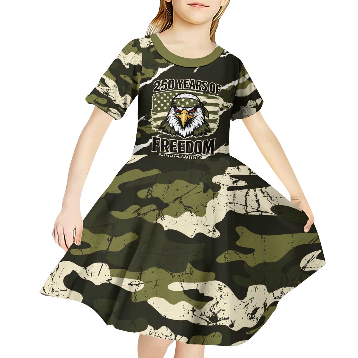 Personalized USA 250th Anniversary Kid Short Sleeve Dress Eagle Camouflage Zipper Stylized