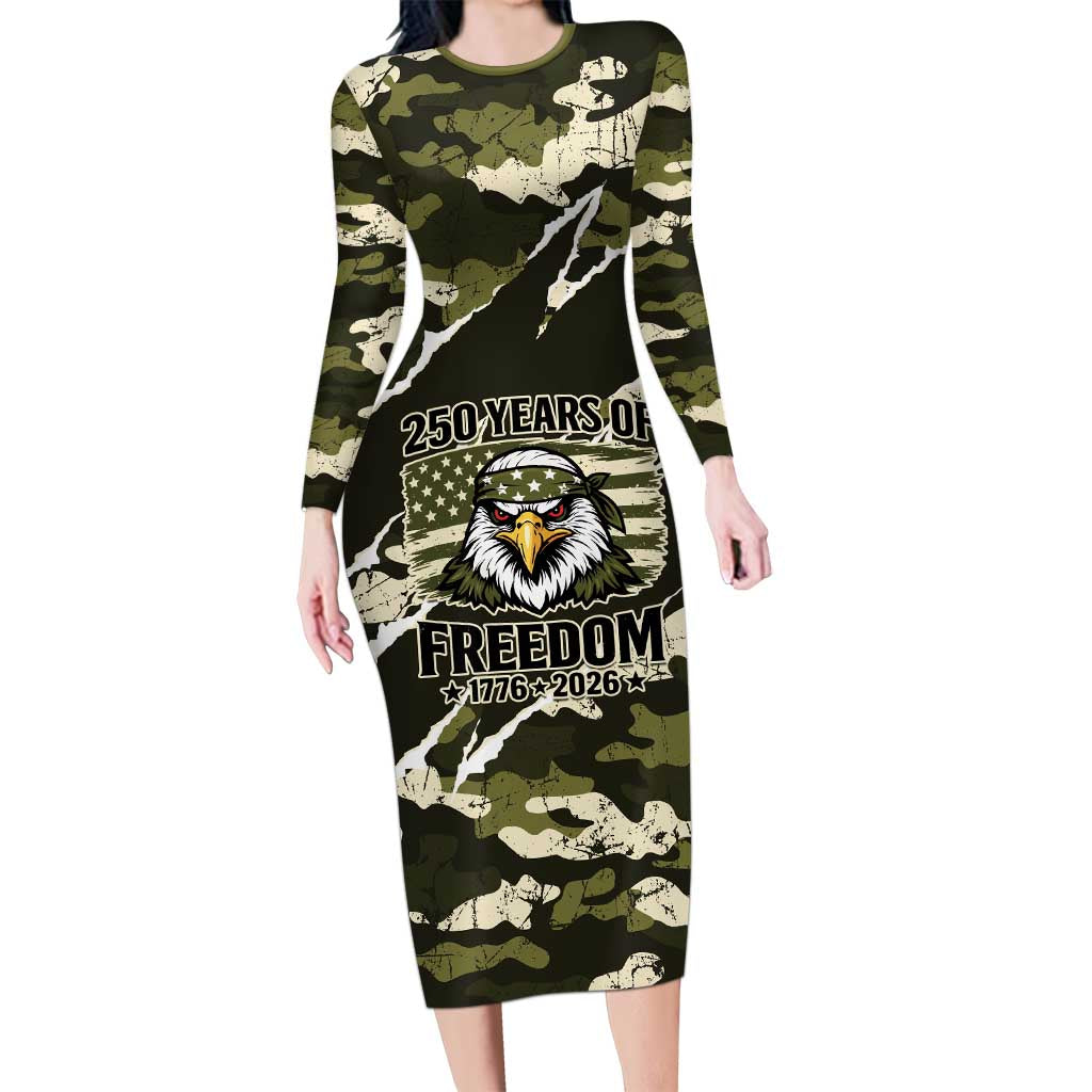 Personalized USA 250th Anniversary Long Sleeve Bodycon Dress Eagle Camouflage Zipper Stylized