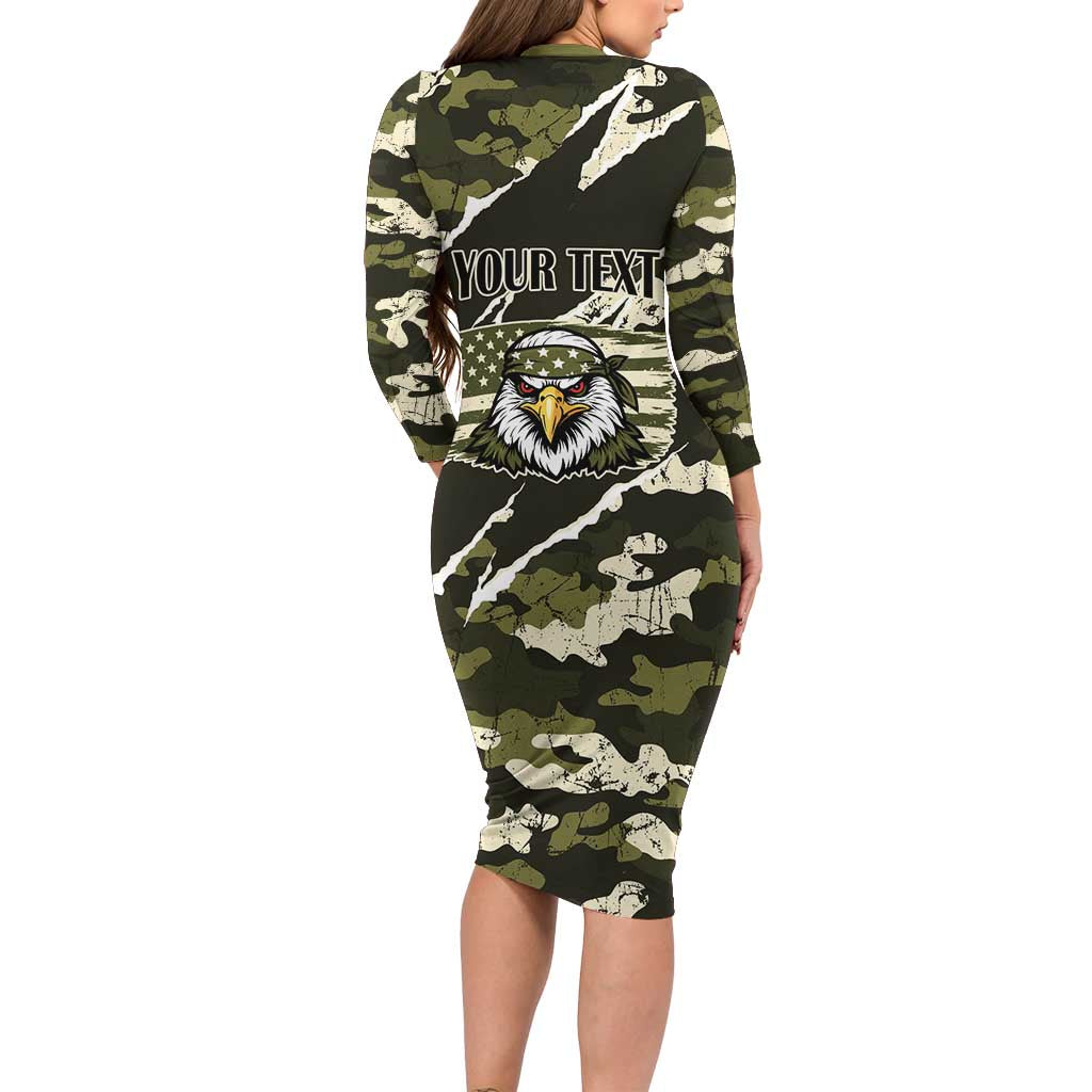 Personalized USA 250th Anniversary Long Sleeve Bodycon Dress Eagle Camouflage Zipper Stylized