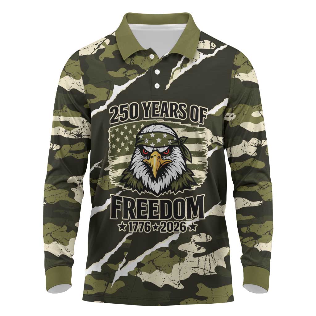 Personalized USA 250th Anniversary Long Sleeve Polo Shirt Eagle Camouflage Zipper Stylized