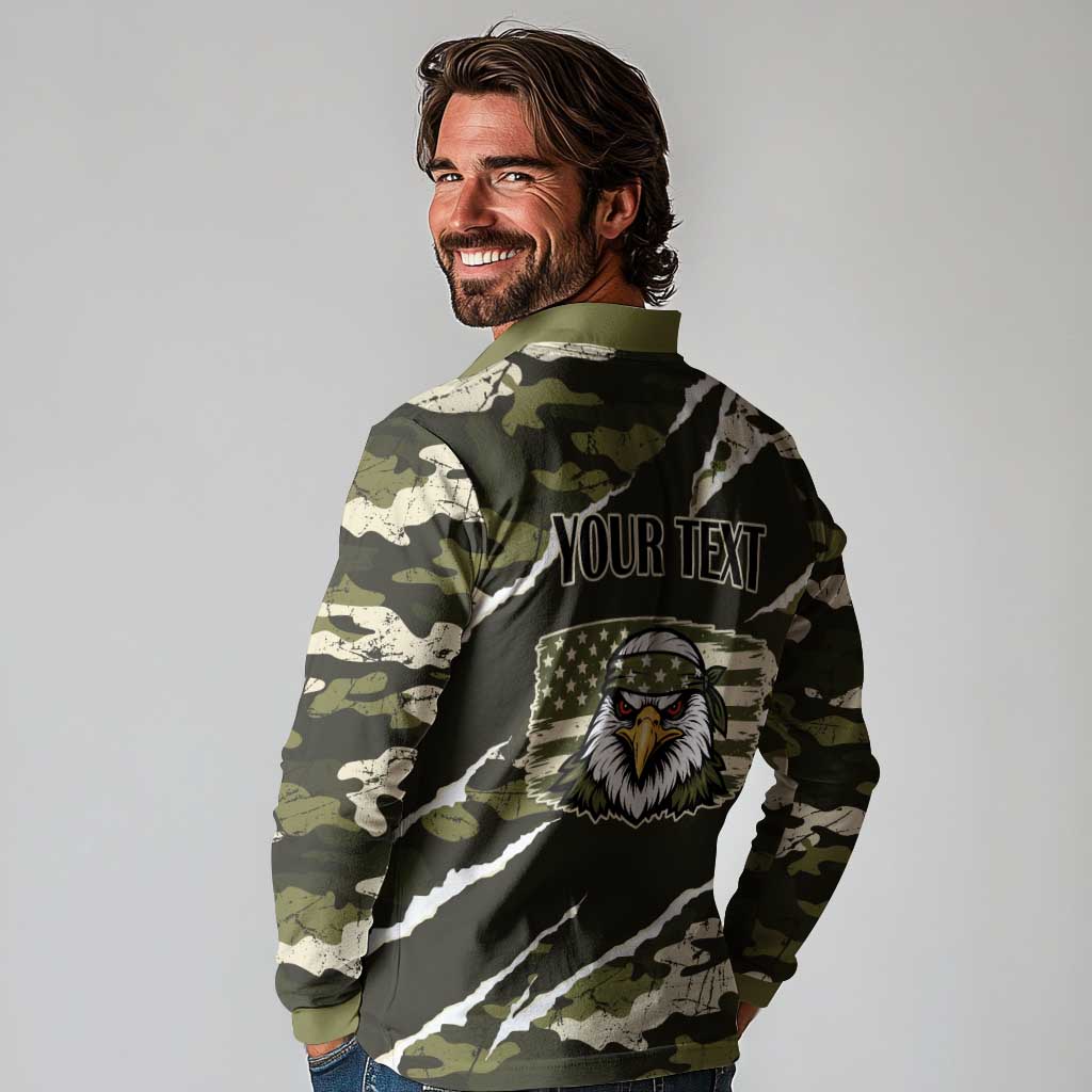 Personalized USA 250th Anniversary Long Sleeve Polo Shirt Eagle Camouflage Zipper Stylized