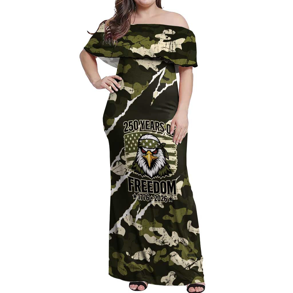 Personalized USA 250th Anniversary Off Shoulder Maxi Dress Eagle Camouflage Zipper Stylized