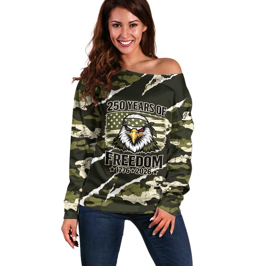 Personalized USA 250th Anniversary Off Shoulder Sweater Eagle Camouflage Zipper Stylized