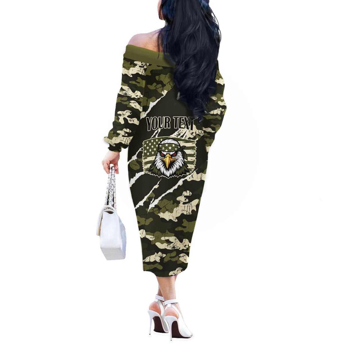 Personalized USA 250th Anniversary Off The Shoulder Long Sleeve Dress Eagle Camouflage Zipper Stylized
