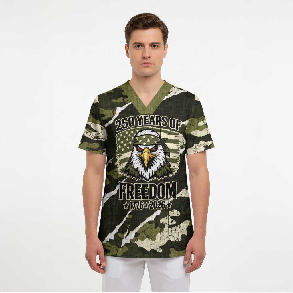 Personalized USA 250th Anniversary Scrub Top Eagle Camouflage Zipper Stylized