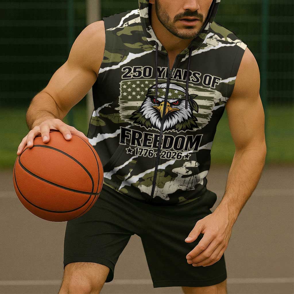 Personalized USA 250th Anniversary Sleeveless Zip Hoodie Eagle Camouflage Zipper Stylized