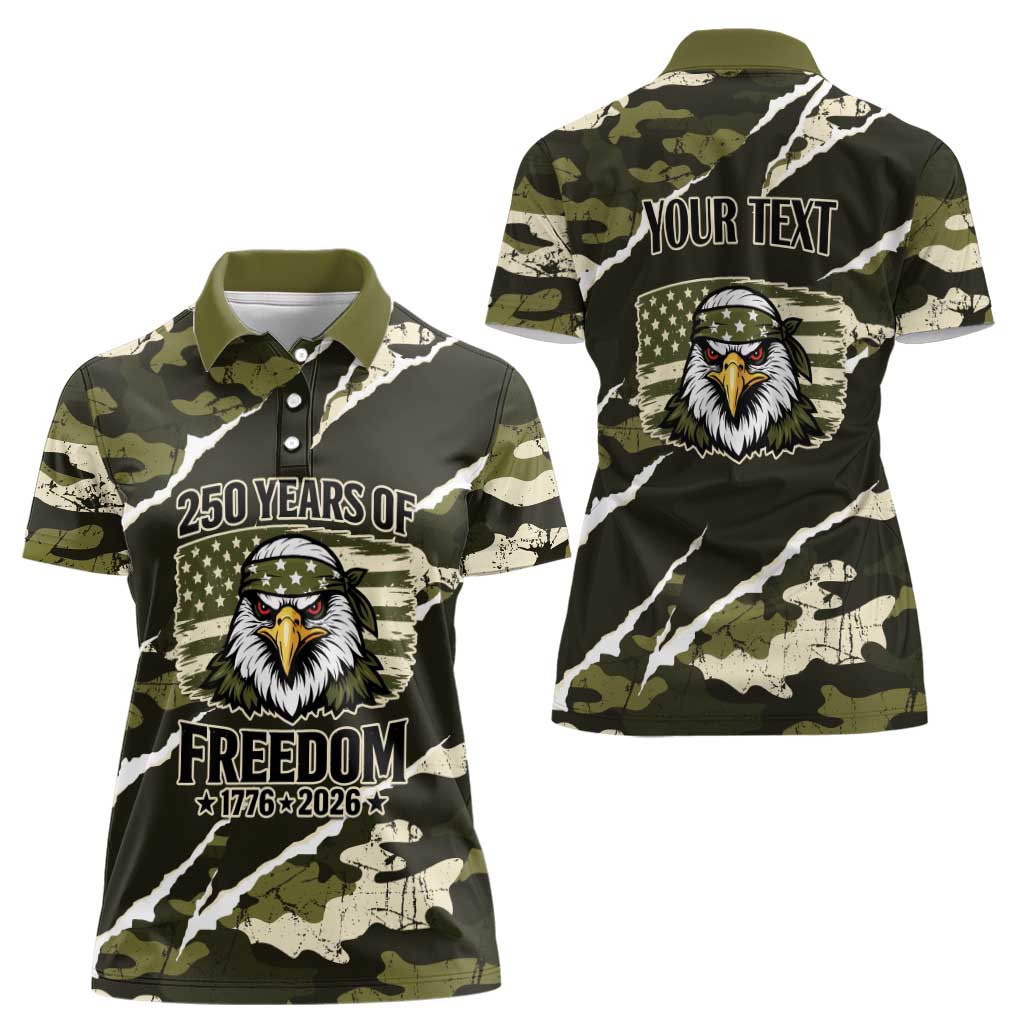 Personalized USA 250th Anniversary Women Polo Shirt Eagle Camouflage Zipper Stylized