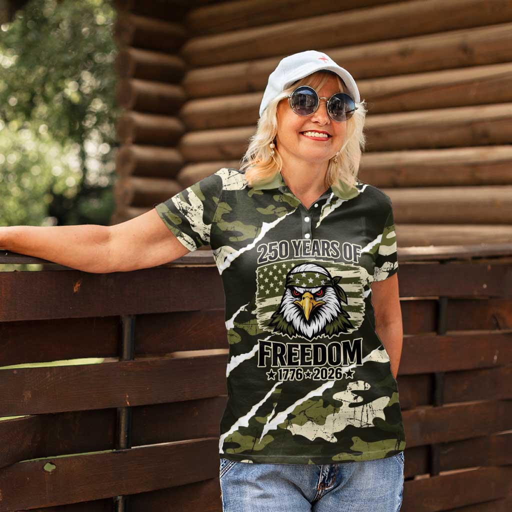 Personalized USA 250th Anniversary Women Polo Shirt Eagle Camouflage Zipper Stylized