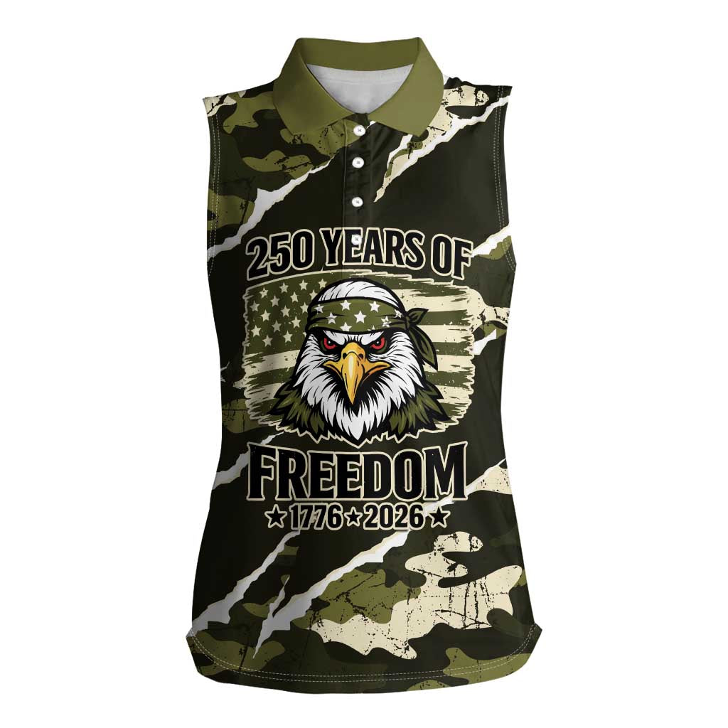 Personalized USA 250th Anniversary Women Sleeveless Polo Shirt Eagle Camouflage Zipper Stylized