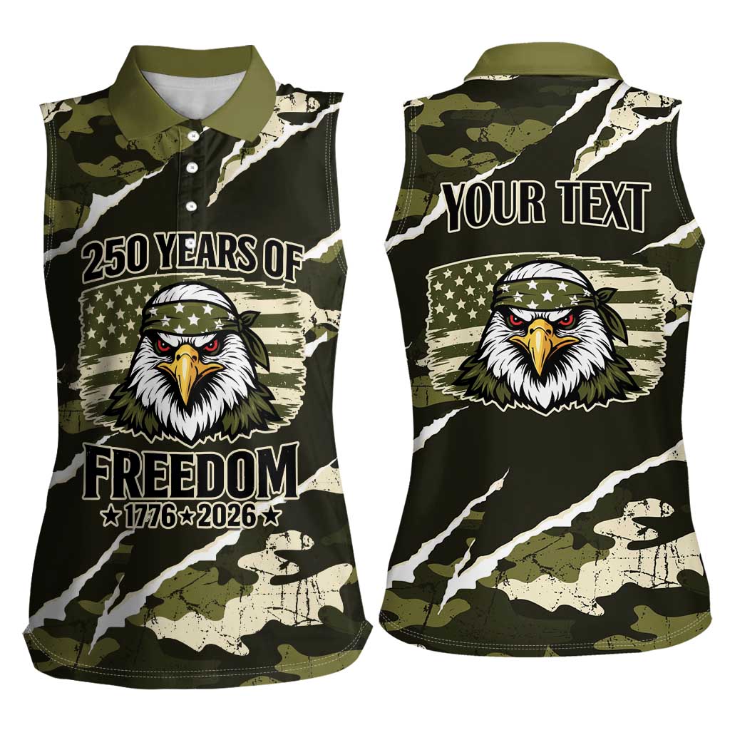 Personalized USA 250th Anniversary Women Sleeveless Polo Shirt Eagle Camouflage Zipper Stylized