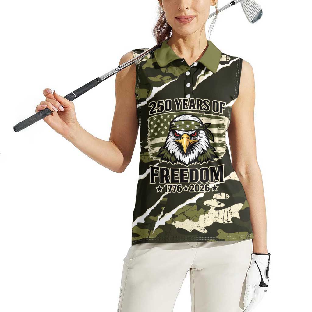 Personalized USA 250th Anniversary Women Sleeveless Polo Shirt Eagle Camouflage Zipper Stylized
