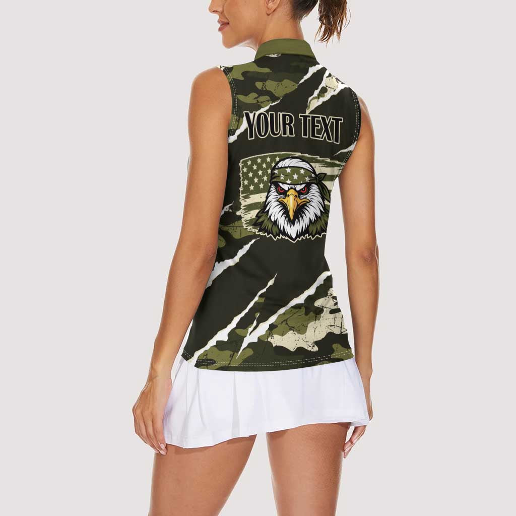 Personalized USA 250th Anniversary Women Sleeveless Polo Shirt Eagle Camouflage Zipper Stylized