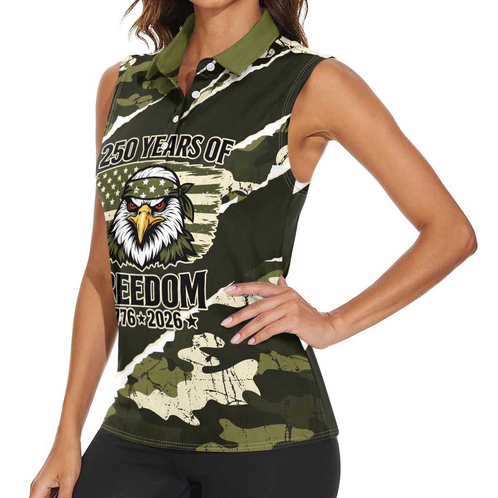 Personalized USA 250th Anniversary Women Sleeveless Polo Shirt Eagle Camouflage Zipper Stylized