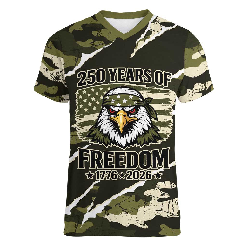 Personalized USA 250th Anniversary Women V-Neck T-Shirt Eagle Camouflage Zipper Stylized