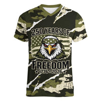 Personalized USA 250th Anniversary Women V-Neck T-Shirt Eagle Camouflage Zipper Stylized