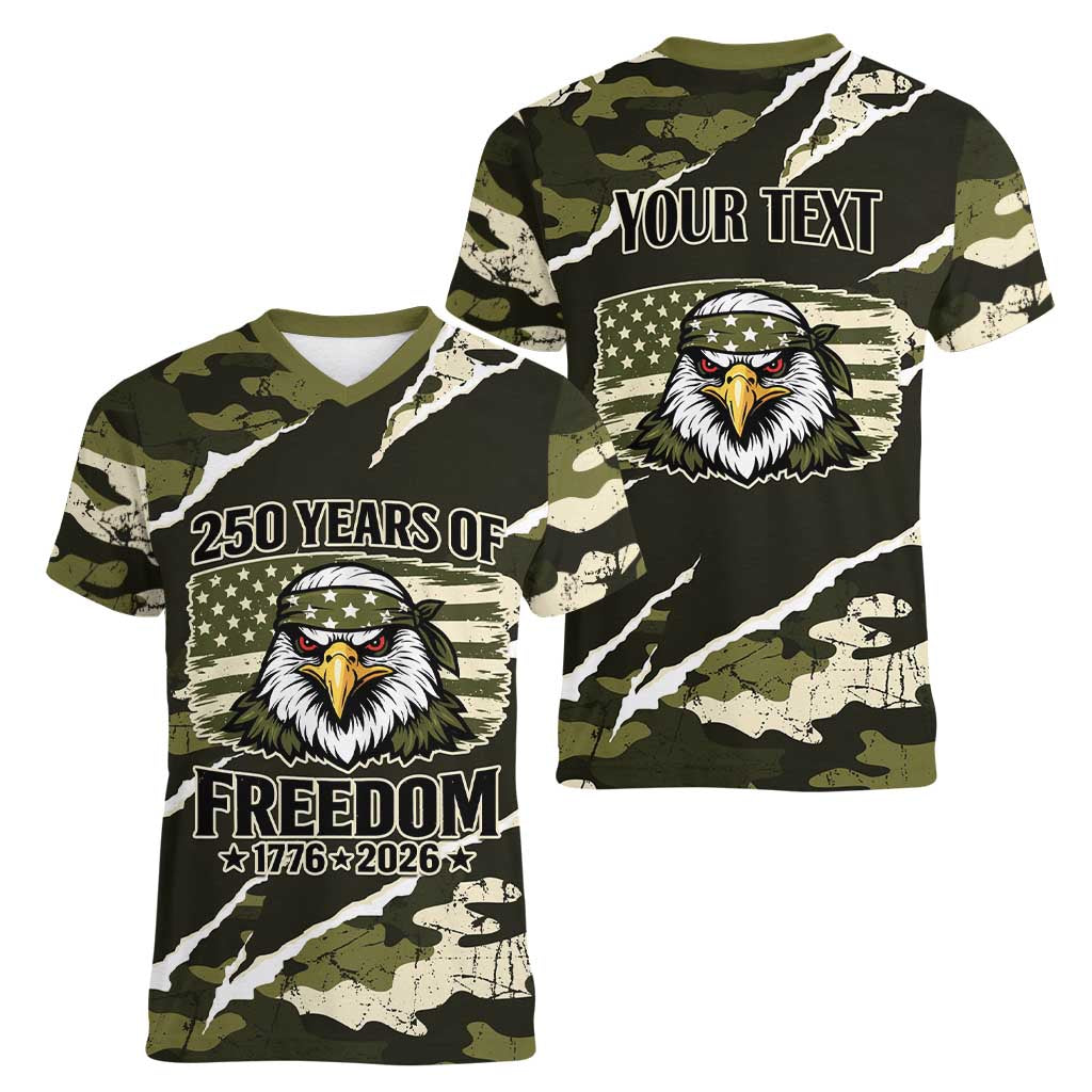Personalized USA 250th Anniversary Women V-Neck T-Shirt Eagle Camouflage Zipper Stylized