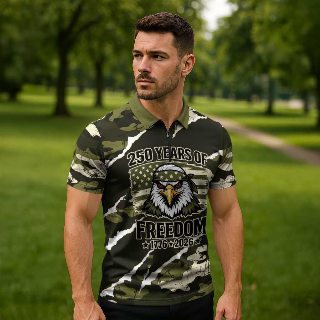 Personalized USA 250th Anniversary Zipper Polo Shirt Eagle Camouflage Zipper Stylized