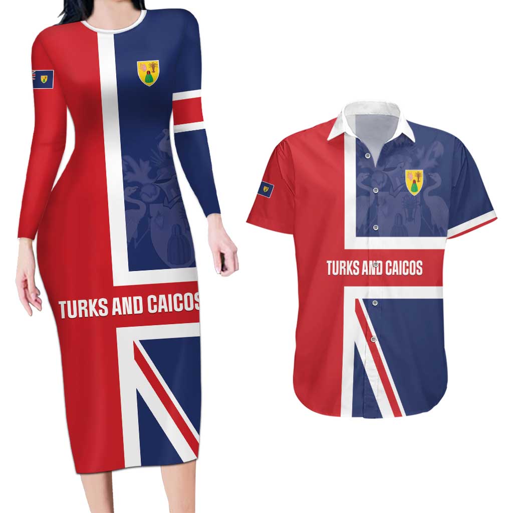 Personalised Turks and Caicos Islands Couples Matching Long Sleeve Bodycon Dress and Hawaiian Shirt Come On Team TCI