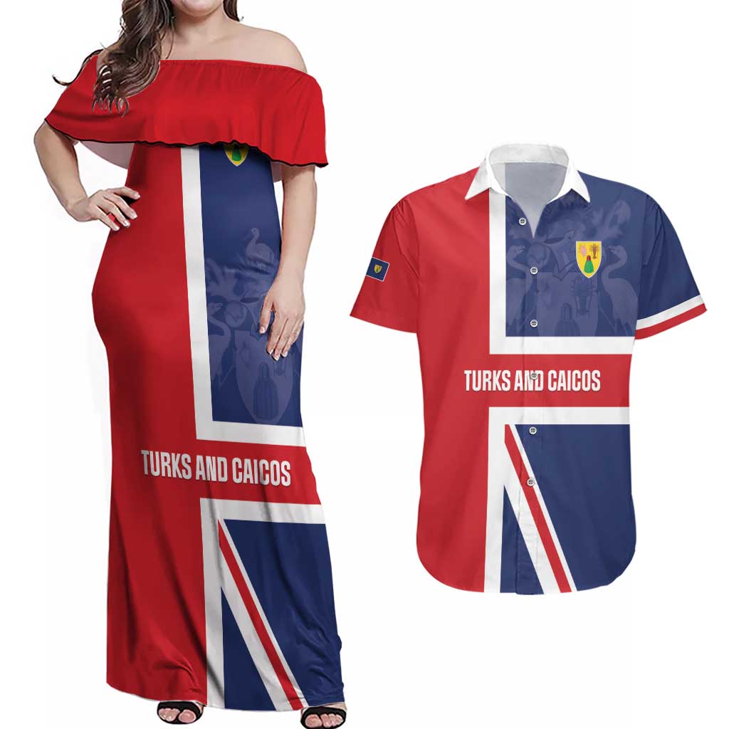Personalised Turks and Caicos Islands Couples Matching Off Shoulder Maxi Dress and Hawaiian Shirt Come On Team TCI
