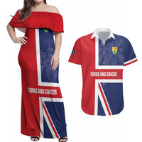 Personalised Turks and Caicos Islands Couples Matching Off Shoulder Maxi Dress and Hawaiian Shirt Come On Team TCI