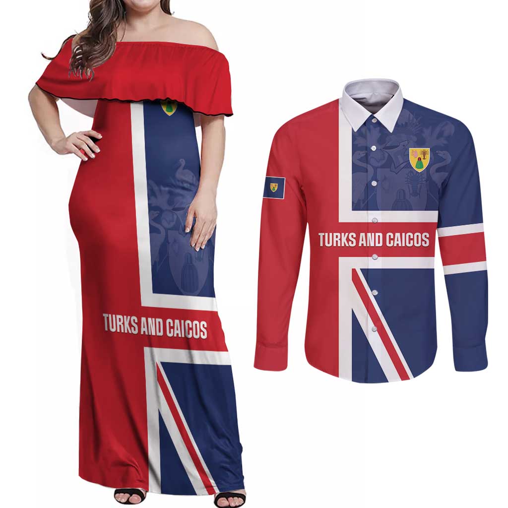 Personalised Turks and Caicos Islands Couples Matching Off Shoulder Maxi Dress and Long Sleeve Button Shirt Come On Team TCI