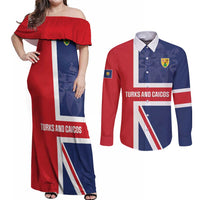 Personalised Turks and Caicos Islands Couples Matching Off Shoulder Maxi Dress and Long Sleeve Button Shirt Come On Team TCI