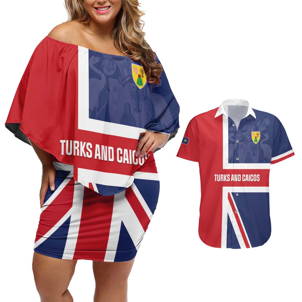 Personalised Turks and Caicos Islands Couples Matching Off Shoulder Short Dress and Hawaiian Shirt Come On Team TCI