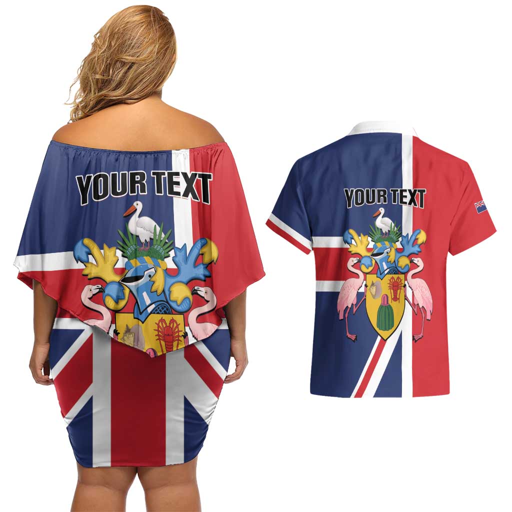 Personalised Turks and Caicos Islands Couples Matching Off Shoulder Short Dress and Hawaiian Shirt Come On Team TCI