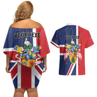 Personalised Turks and Caicos Islands Couples Matching Off Shoulder Short Dress and Hawaiian Shirt Come On Team TCI