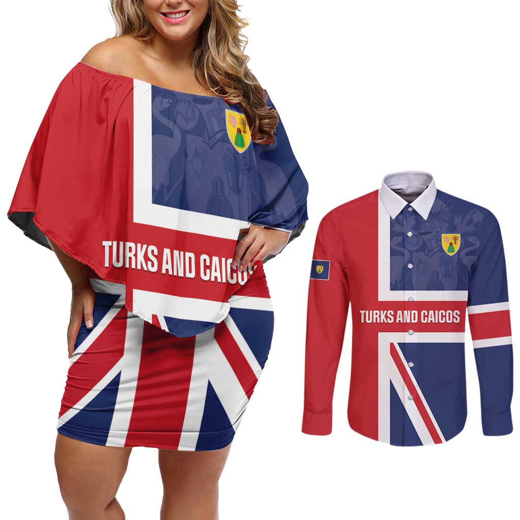 Personalised Turks and Caicos Islands Couples Matching Off Shoulder Short Dress and Long Sleeve Button Shirt Come On Team TCI