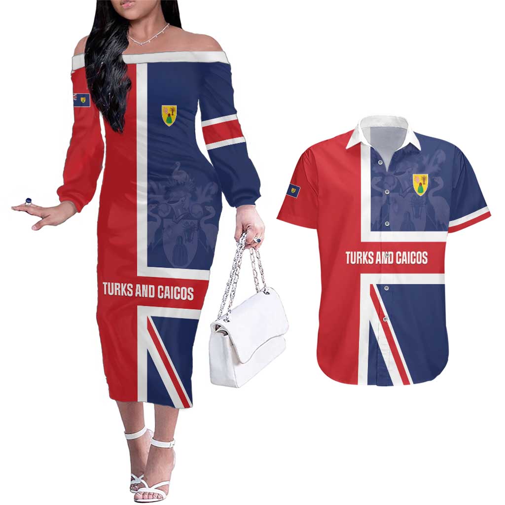 Personalised Turks and Caicos Islands Couples Matching Off The Shoulder Long Sleeve Dress and Hawaiian Shirt Come On Team TCI