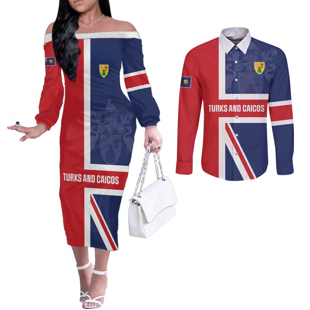Personalised Turks and Caicos Islands Couples Matching Off The Shoulder Long Sleeve Dress and Long Sleeve Button Shirt Come On Team TCI